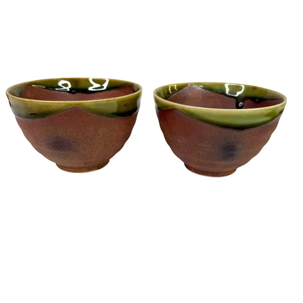 5‎ Hand Thrown Pottery Bowls Terracotta With Green Drip Glaze Edge Studio Art